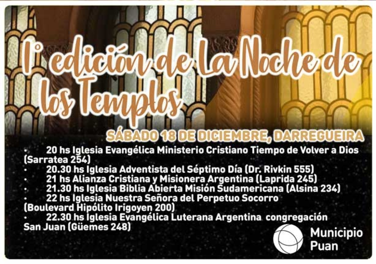 Este sábado: 1° edición de la Noche de los Templos en Darregueira