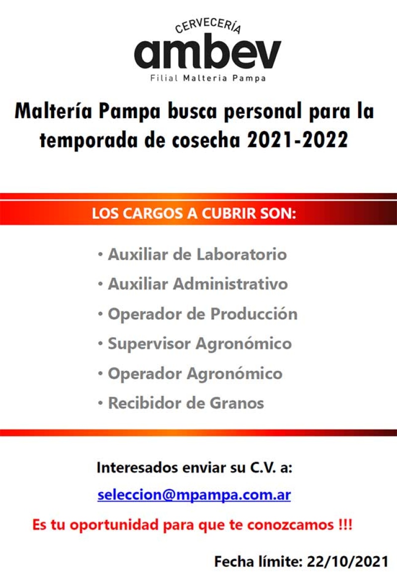 Maltería Pampa busca personal para la temporada de cosecha 2021-2022