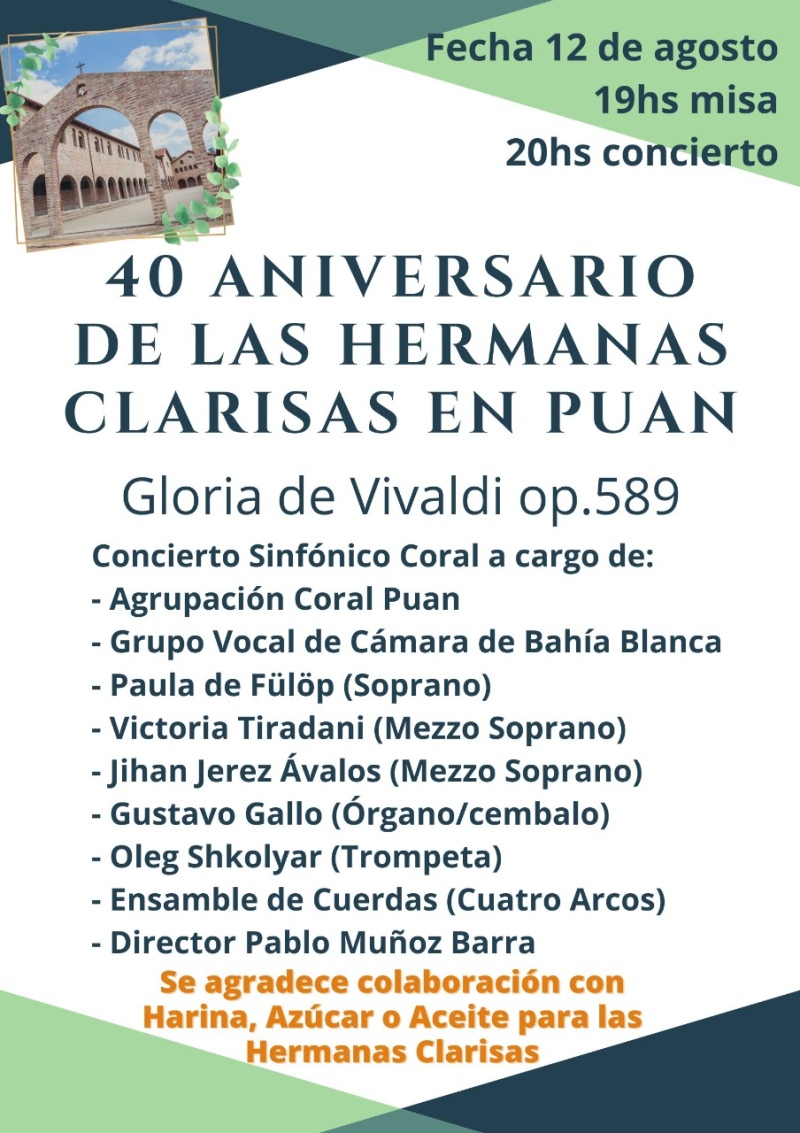 Concierto Sinfónico Coral por el 40°aniversario de las Hermanas Clarisas en Puan